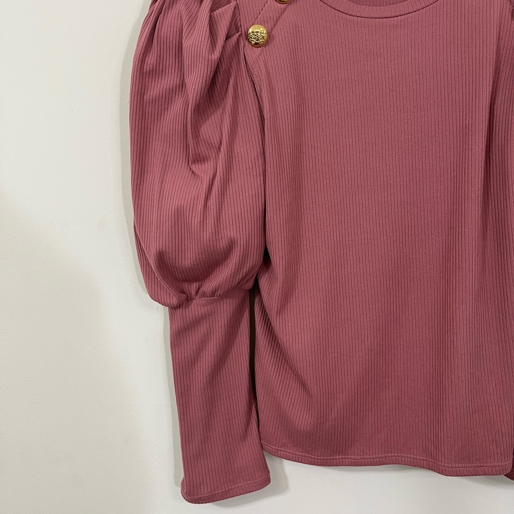 Love J Pink Ribbed Juliette Sleeve Button Long Sleeve Shirt - Picture 6 of 7